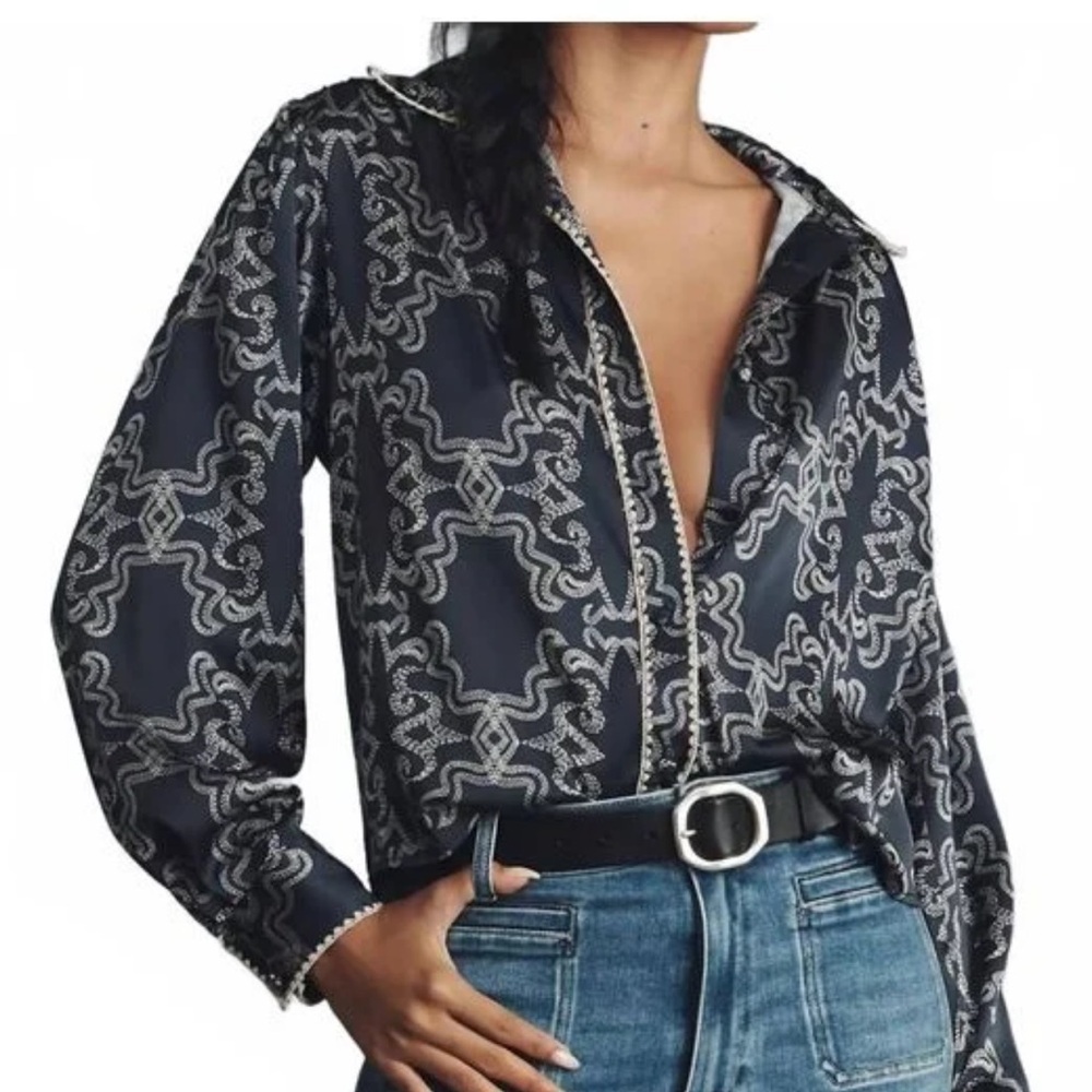 Hutch Navy Button-Down Blouse with Cream Chain Print